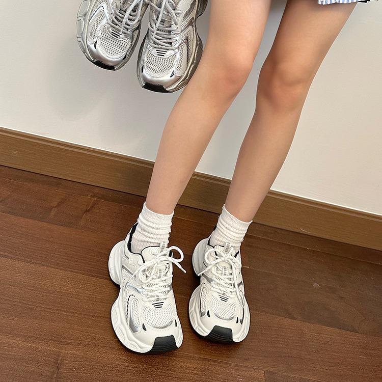 Fried Street Platform Daddy Shoes Women's 2025 New Summer Mesh Breathable Lightweight Height Increasing Silver Casual Sneakers