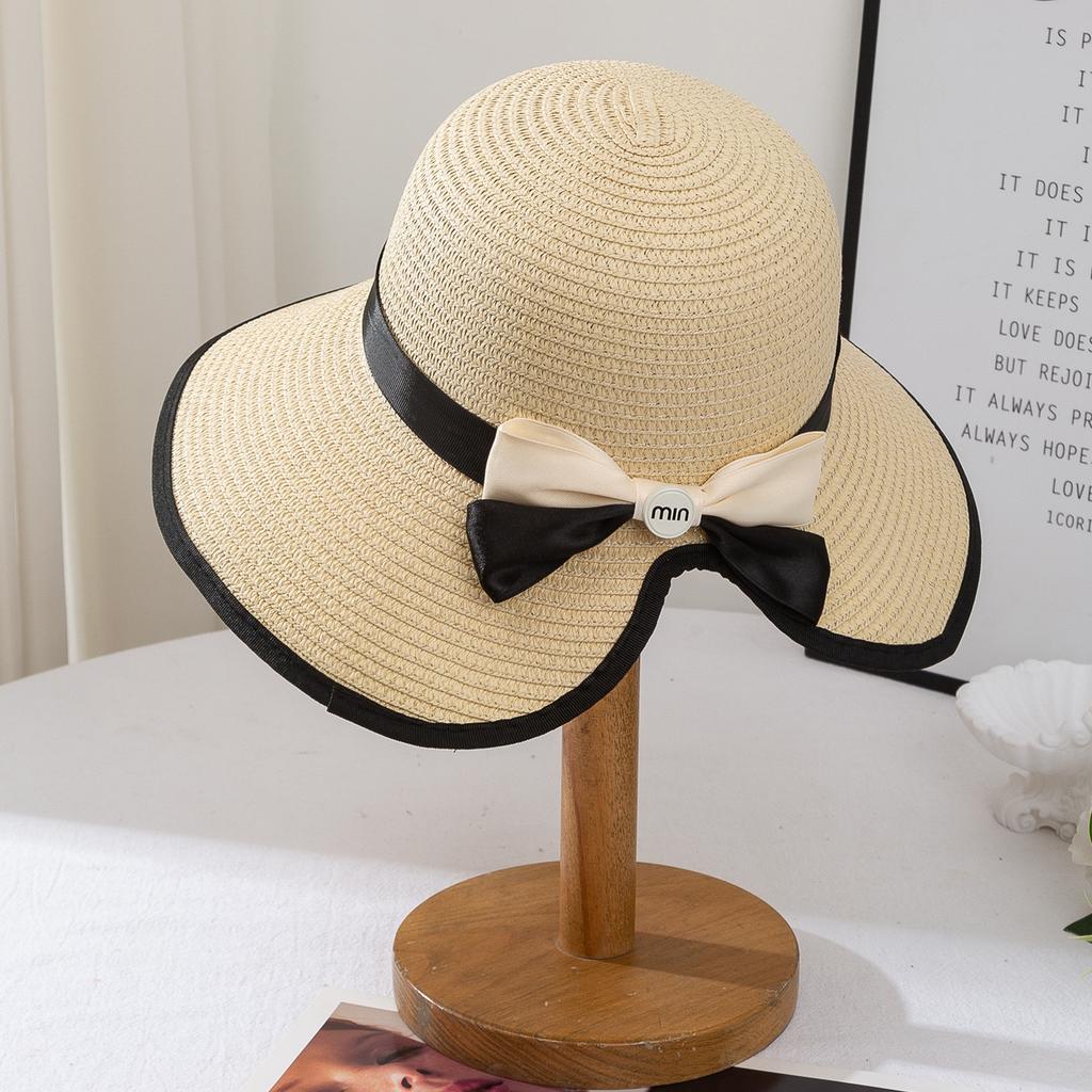 New bow straw hat women's summer sunscreen sun hat casual versatile large brim straw woven sun hat