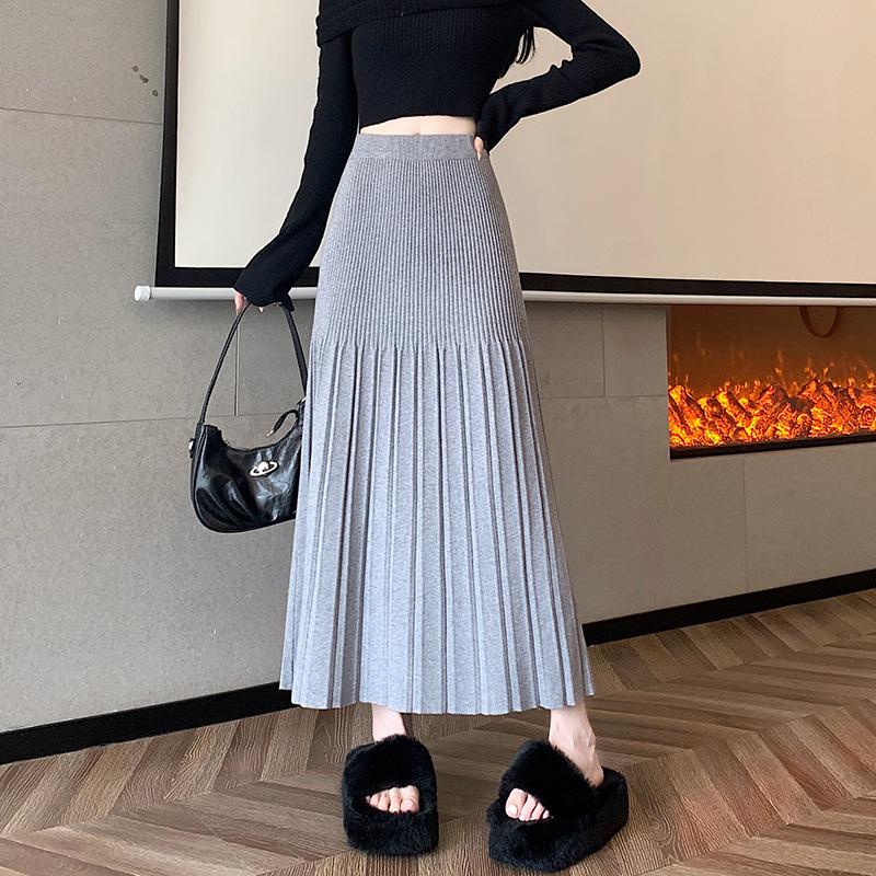 

Трикотажна спідниця Жіноча довга спідниця Осінньо-зимовий корейський варіант Спідниця-трапеція з високою талією для схуднення Велика плісирована спідниця One Size сірий колір