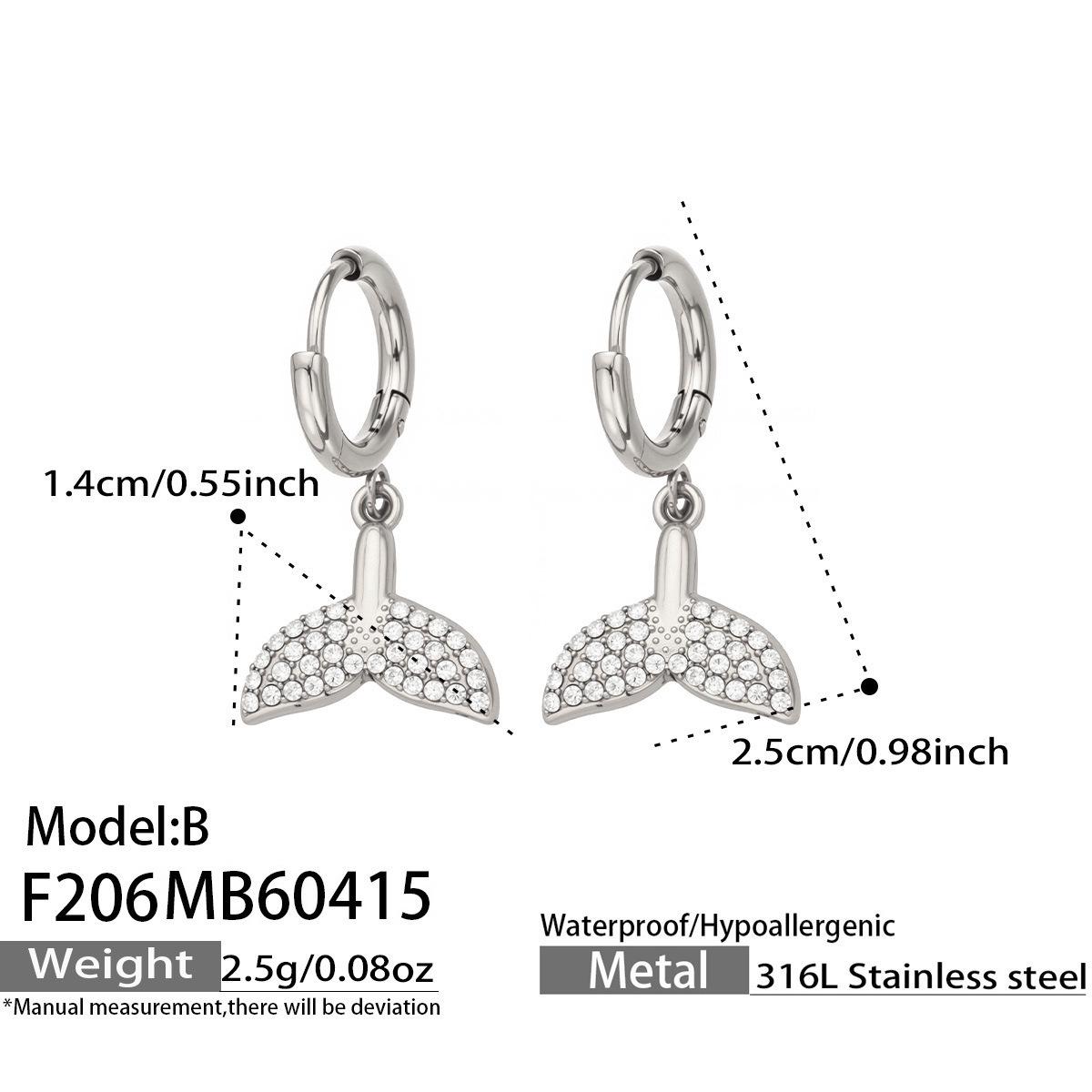 Mermaid Tail Rhinestone Zirconia Pendant Earrings - High-End Stainless Steel Design for Women