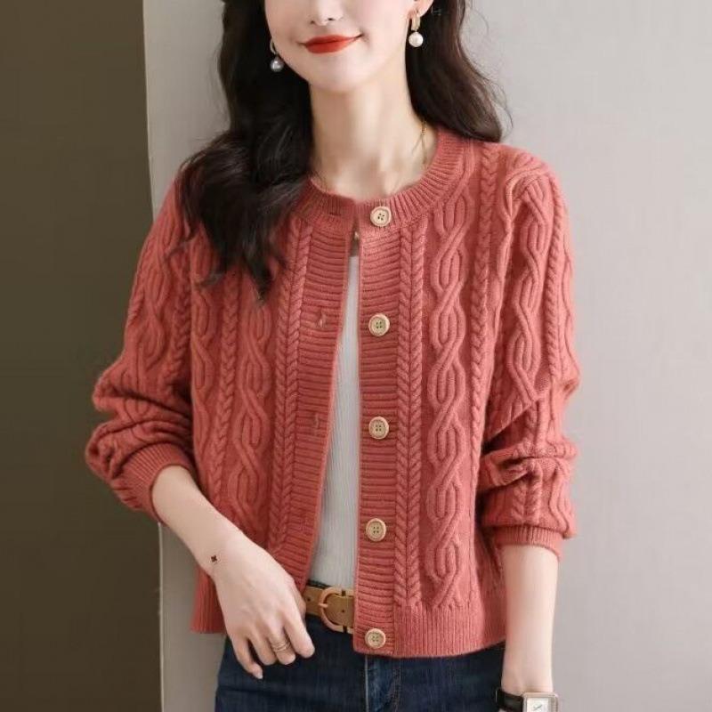 Autumn and winter fashion temperament solid color twist twisted round neck women's elegant lazy style retro knitted cardigan sweater
