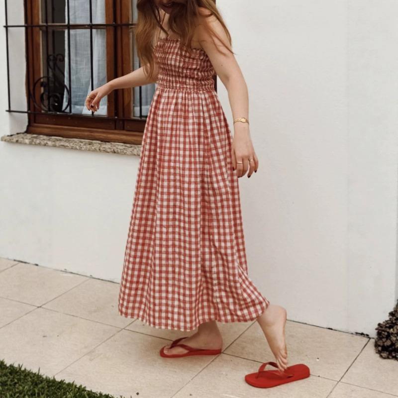 Women Casual Plaid Cinched Waist Spaghetti Strap Long Maxi Dress For Daily Vacation