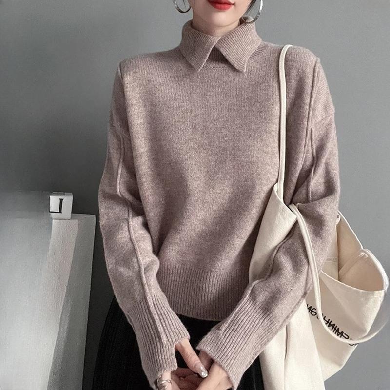 Women Blouse Solid Spring Turn Down Collar Sweater Loose Inner Wear Knit Wool Base Layer