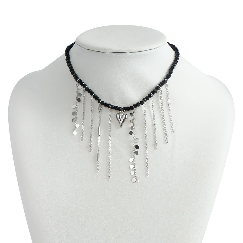 French Black Crystal Beaded Tassel Chain Necklace Personalized Design Versatile Love Necklace