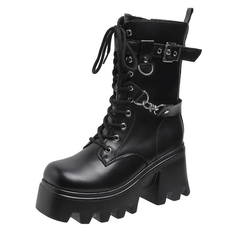 Fashion Comemore Gothic 8.5CM Heeled Platform Women Mid-calf Boots Autumn Winter High Heels Punk Style Women Motorcycle Botines Shoes