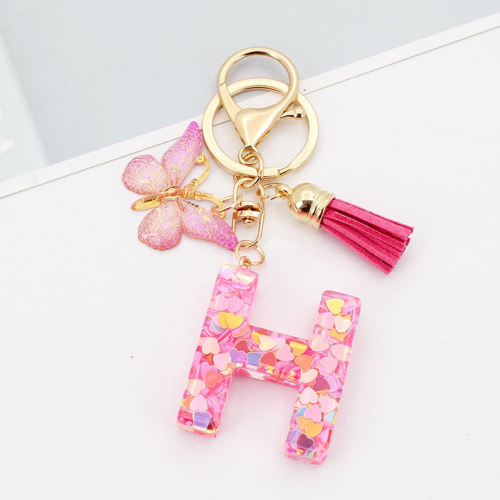 Fashion A-Z Letters Acrylic Keychain for Women Pink Butterfly Tassel Alphabet Car Key Ring Bag Charms Accessories Gift Jewelry