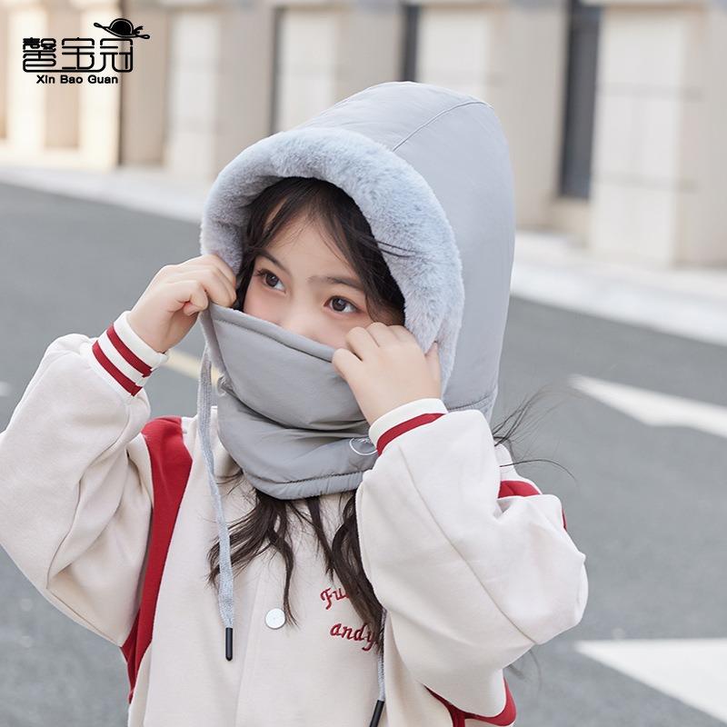 Children's hats, winter boys and girls outdoor warmth, fleece neck protection, scarf, mask, integrated pullover hat