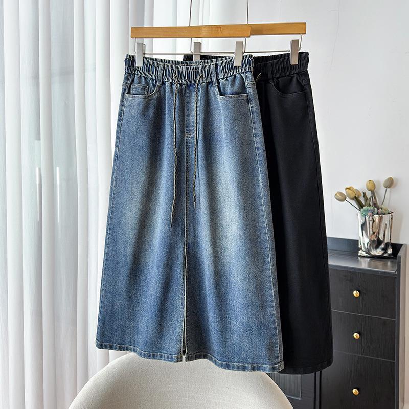 Autumn Women's Plus-Size Denim A-line Skirt with Front Slit, High Stretch, and Slimming Fit