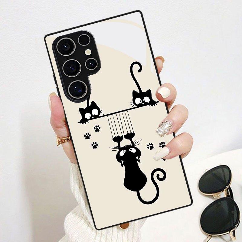 Black Cat Cartoon Pattern Glass Phone Case for Samsung Galaxy S26 S25 S24 S23 S22 S20 fe/plus/Ultra Anti Drop