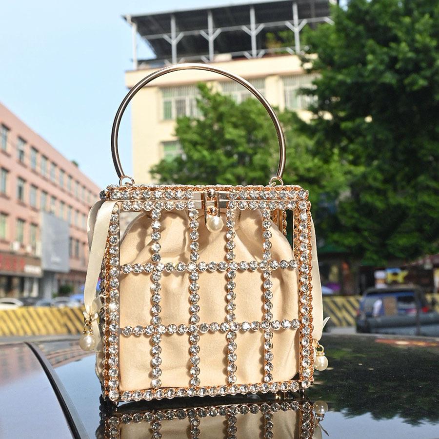 Diamond-encrusted Birdcage Pearl Diamond Bag Dinner Party Metal Vegetable Basket Bucket Messenger Bag