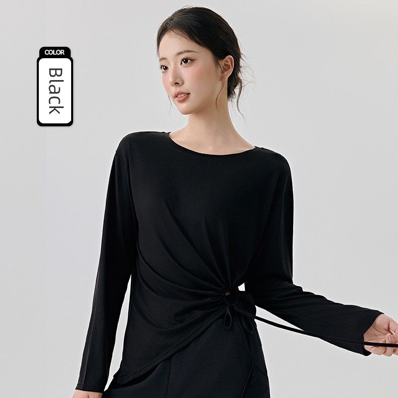 

Modal Yoga Blouse Sexy Cutout Drawstring Loose Breathable Pilates Sports T-shirt Long Sleeve Female Asymmetrical Black L/XL
