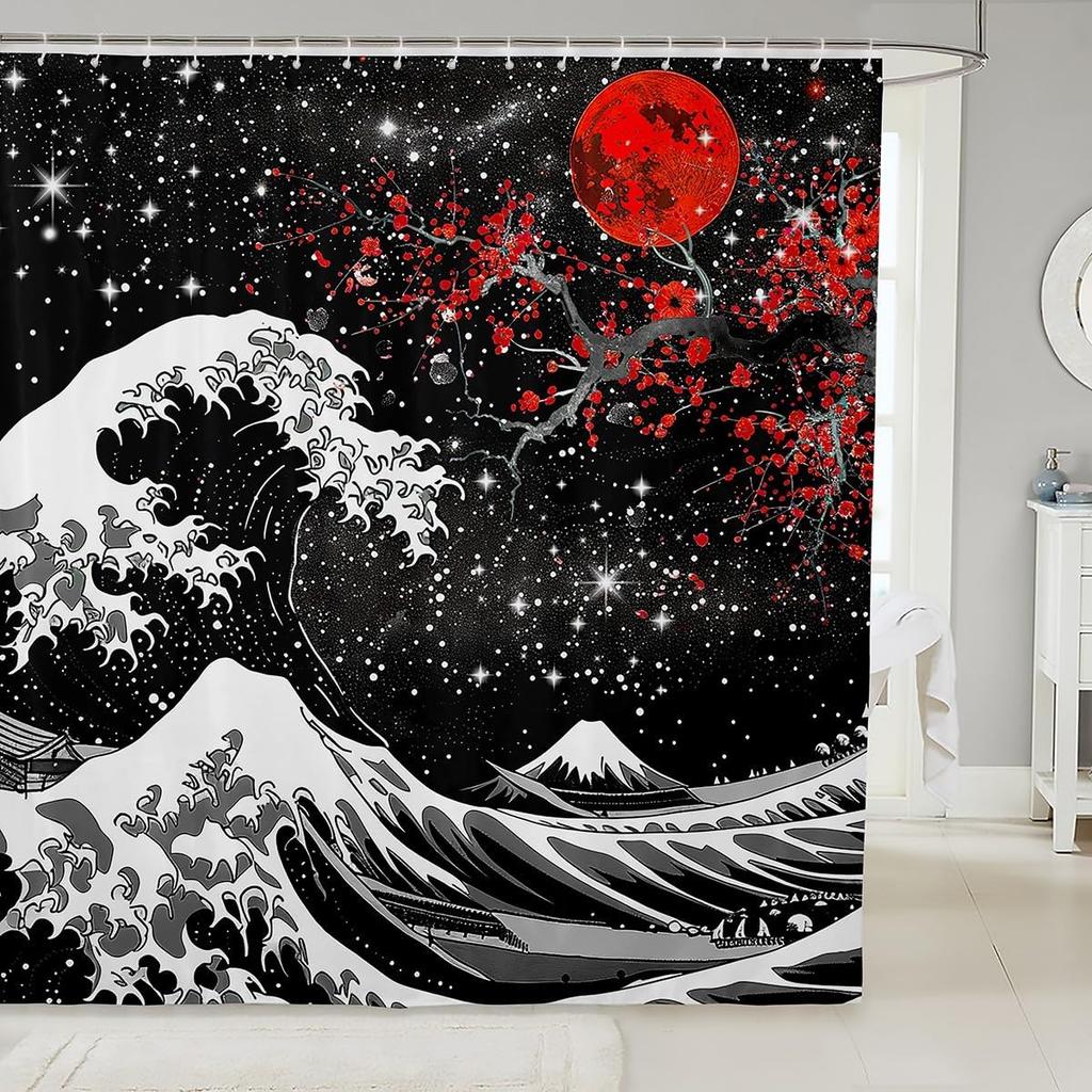 Japanese Wave Shower Curtain Kids Cherry Blossoms Bathroom Shower Curtain Set For Boys Girls Japanese Ukiyoe Theme Home Decor