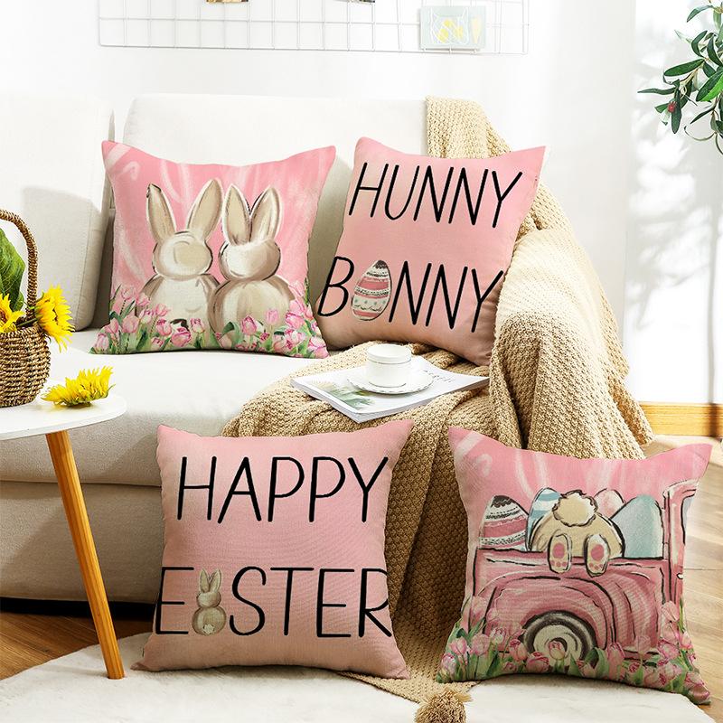 Pink Letter Rabbit Cartoon Cute Pillow Easter Print Cushion Cover Home Sofa Pillow Cover