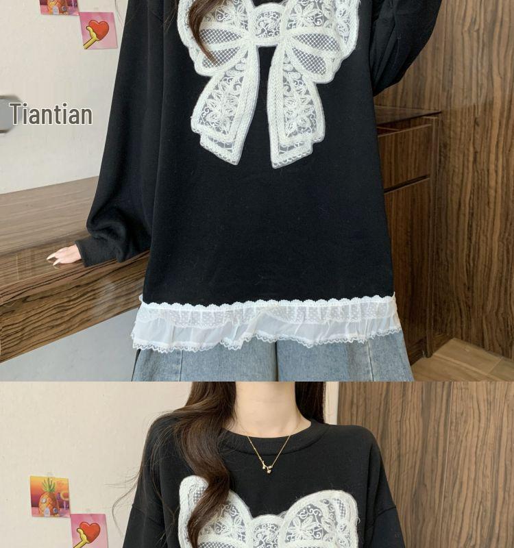 Plus Size Crocheted Lace Round Neck Slimming Long Sleeve Women's Autumn/Winter Bow Loose Mid-Length Top