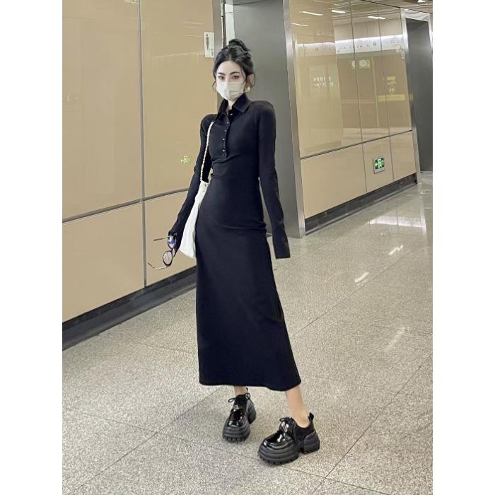 Black French shirt dress New long-sleeved waist slim-fitting design Skinny long dress Elegant and versatile S