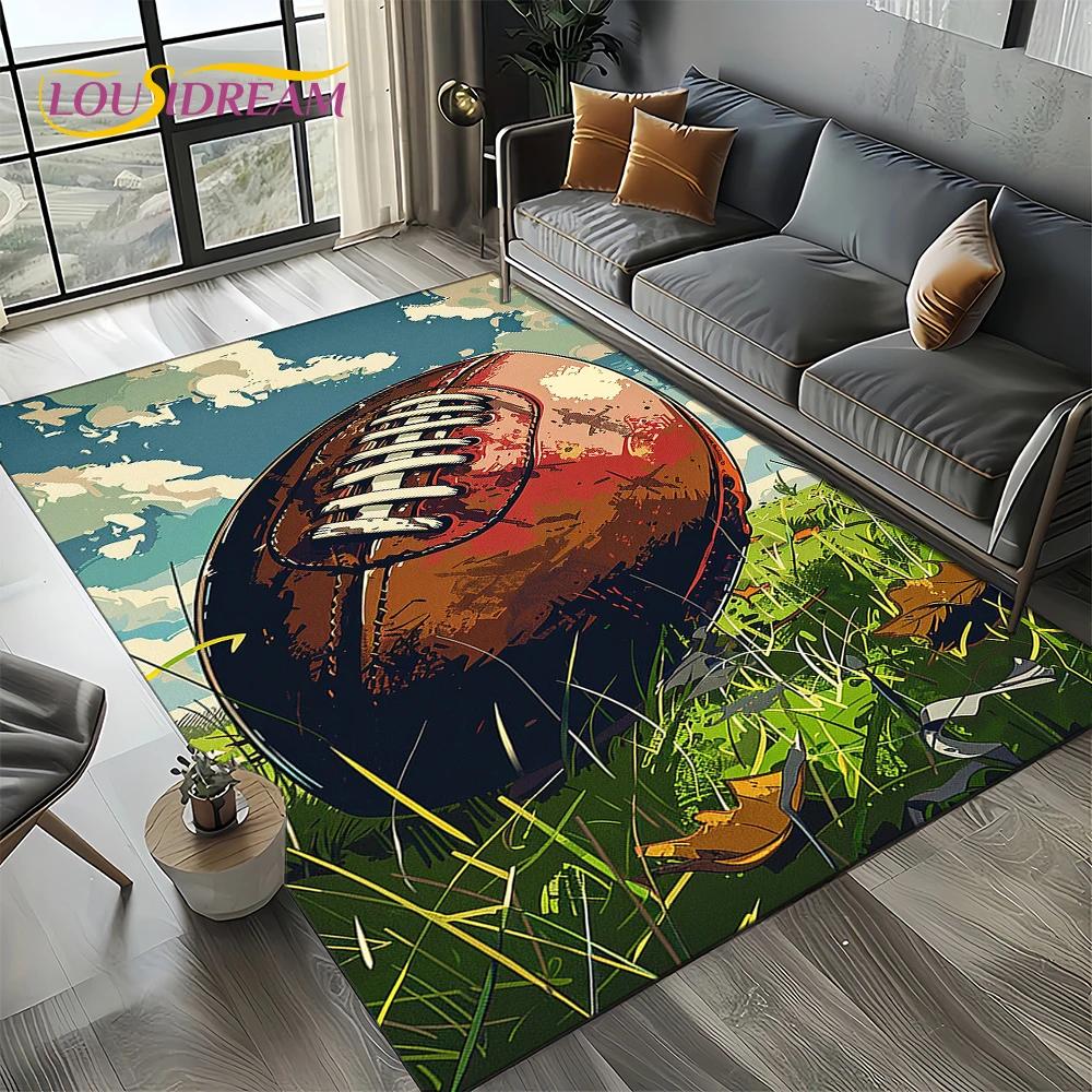 3D Rugbyfeld Rugby 2025 American Football Cartoon Teppich für Wohnzimmer Schlafzimmer Zuhause Sofa Dekoration, Teppich Rutschfeste Fußmatte
