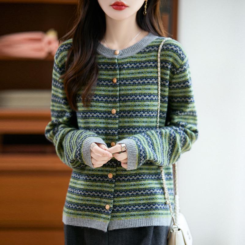 2025 Fall/Winter Women's Loose Knit Cardigan with Raccoon Fur Trim, Soft Color Block, Round Neck, Slimming Fit
