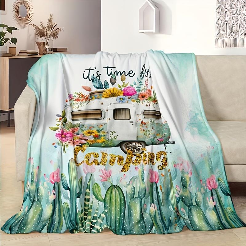 Charming Camping Scene Print Throw Blanket, Soft Cozy Decorative Cover for Home, Office, Outdoor Adventure & Gifting