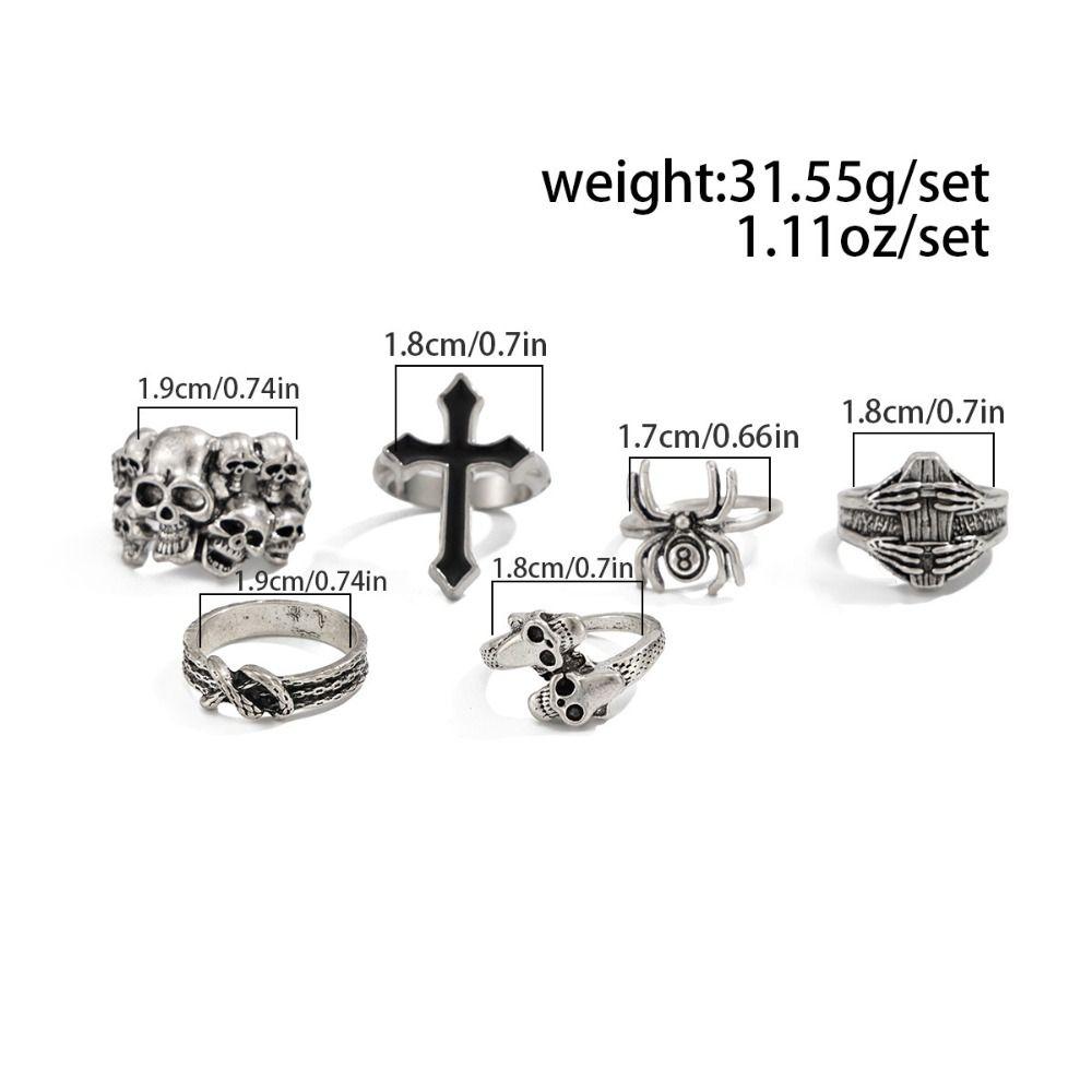 6pcs/Set Punk Men Ring Set Goth Skeleton Rings Vintage Halloween Ring Set  Men