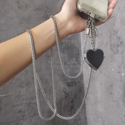 1pc Korea Silver Bone Love Heart Mirror Pendant Diagonal Lanyard Clip Style Pendant Mobile Phone Long Neck Strap Anti Loss Sling