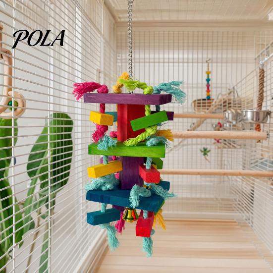 Durable Parrot Toy Chewing for Macaws African Greys, Colorful Wooden Block Puzzle with Medium Chew Cotton Tassels, Hanging Interactive Activity Cage,