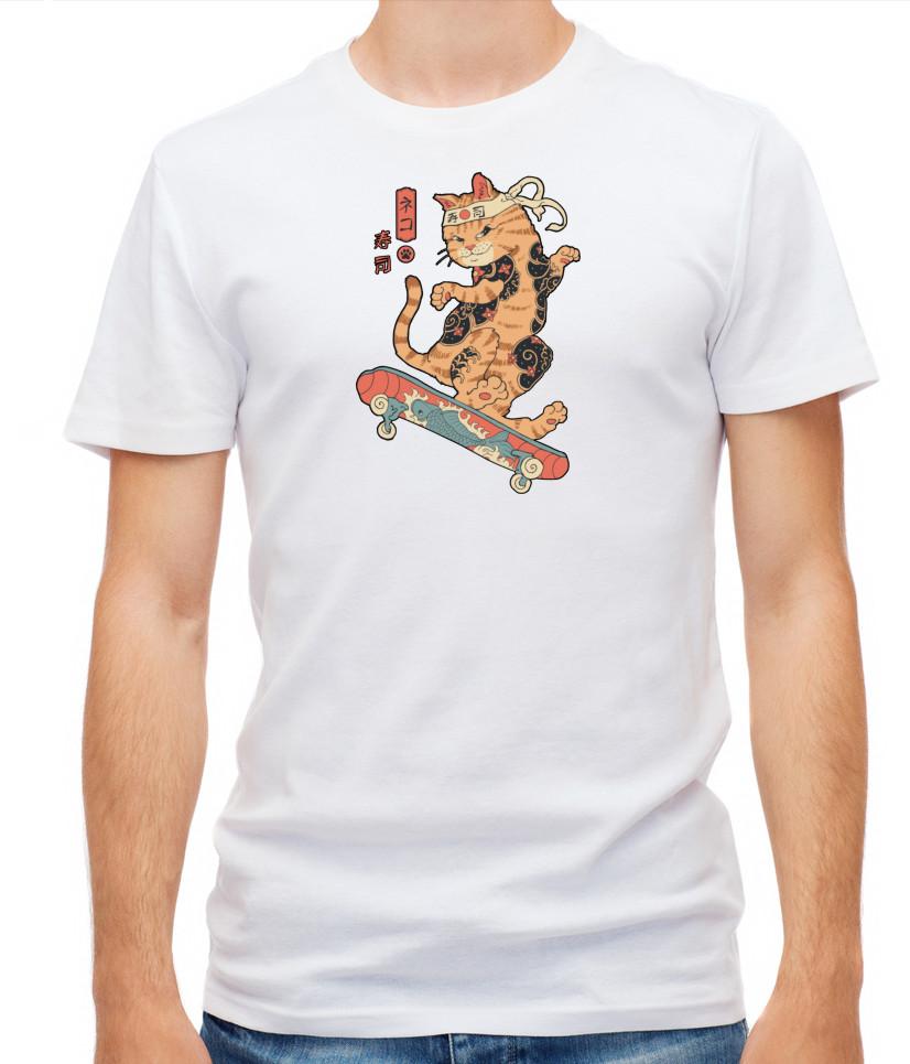 

Cat Skateboard Japanese Cat Art Short Sleeve White T Shirt Men F434 L