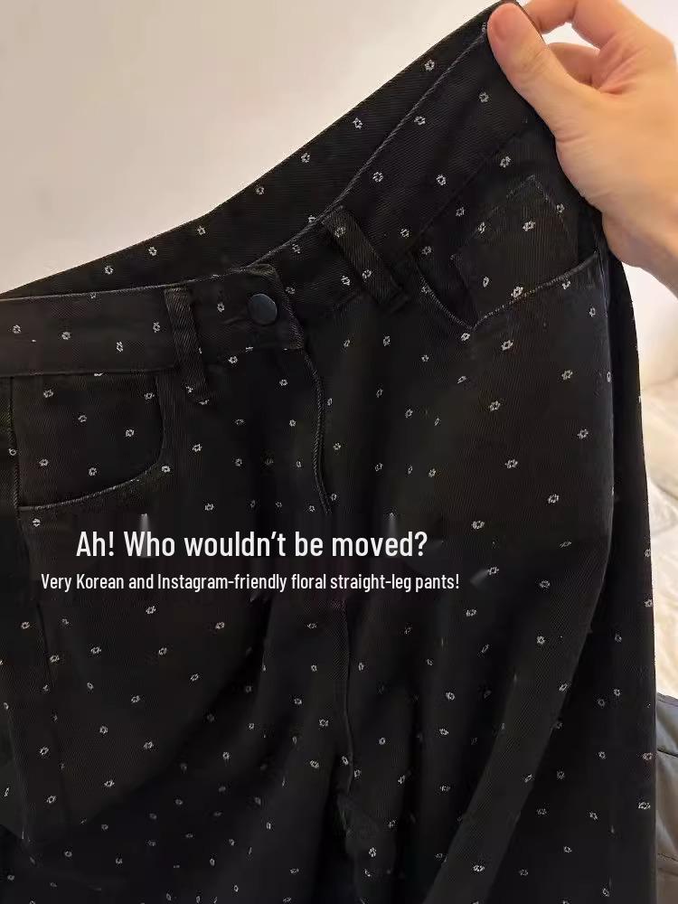 Plus Size Retro Polka Dot High Waist Wide Leg Jeans for Women - Slimming Floral Design, Spring/Autumn