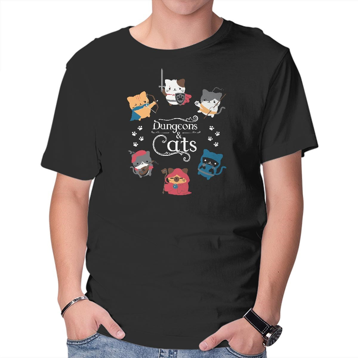 Unisex Crew Neck T-Shirt Dungeons & Cats Graphic Short Sleeve Casual Tee L