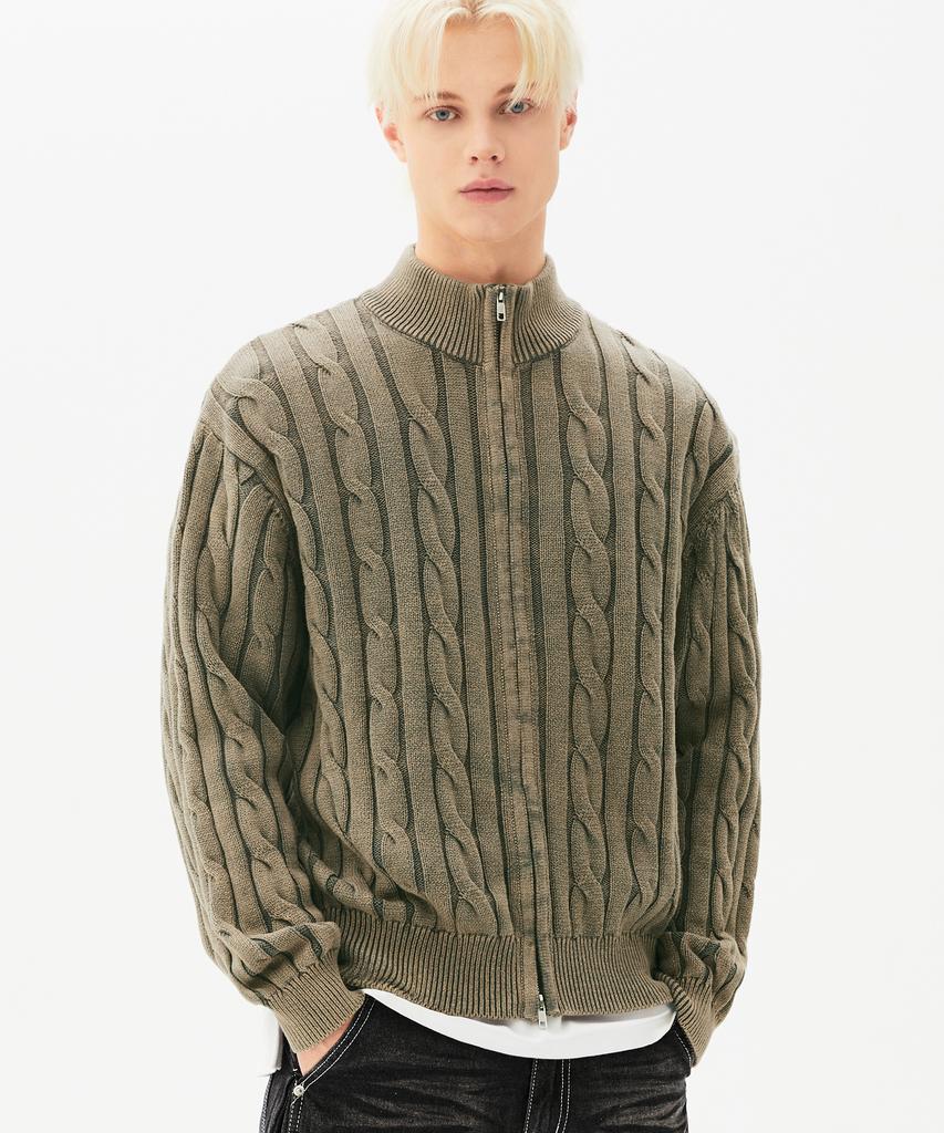 TRILLION Vintage Washed Cable 2-Way Zip-Up Knit (Beige Khaki)