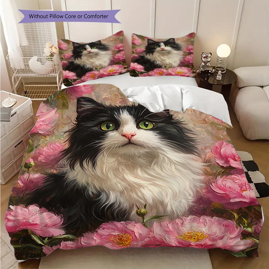 White Cat Pattern Bedding Quilt Set Quilt Cover Pillowcase Home Decoration Birthday Gift (1 * duvet cover + 2 * pillowcase, without core)