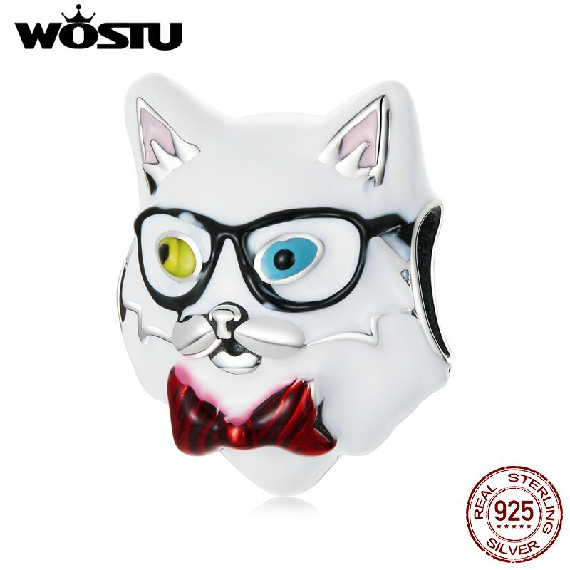 

WOSTU стерлингового серебра 925 пробы животное кулон милый белый кот очаровательные бусины подходят оригинальный браслет ожерелье для женщин ювелирные изделия 925 silver