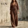 Loose Lace Dress Women V-Neck for Fall, 3/4 Sleeves Maxi with Autumn Outfits Belt, Solid Color Casual Long Vacation Daily Wear Sleeve