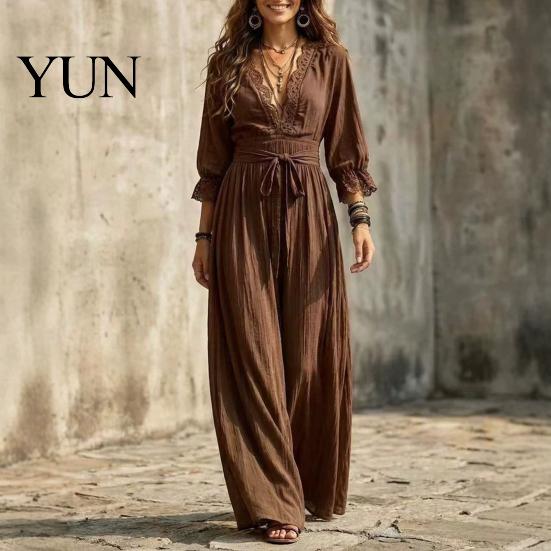 Loose Lace Dress Women V-Neck for Fall, 3/4 Sleeves Maxi with Autumn Outfits Belt, Solid Color Casual Long Vacation Daily Wear Sleeve