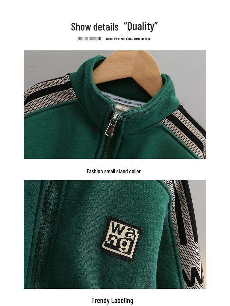 Boys' Trendy Fleece-Lined Zip-Up Cardigan & Pants Set for Autumn and Winter