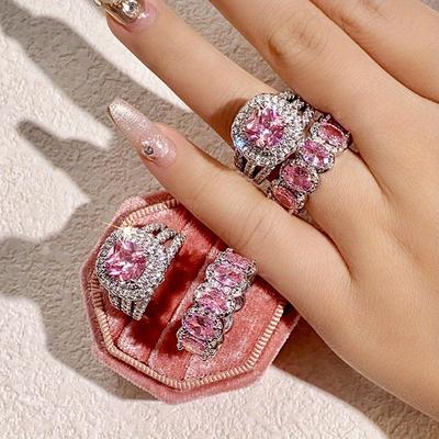 Luxury 2 Pcs/set Silvery Color Pink Stone Ring Set Wedding Band Valentine's Day Jewelry