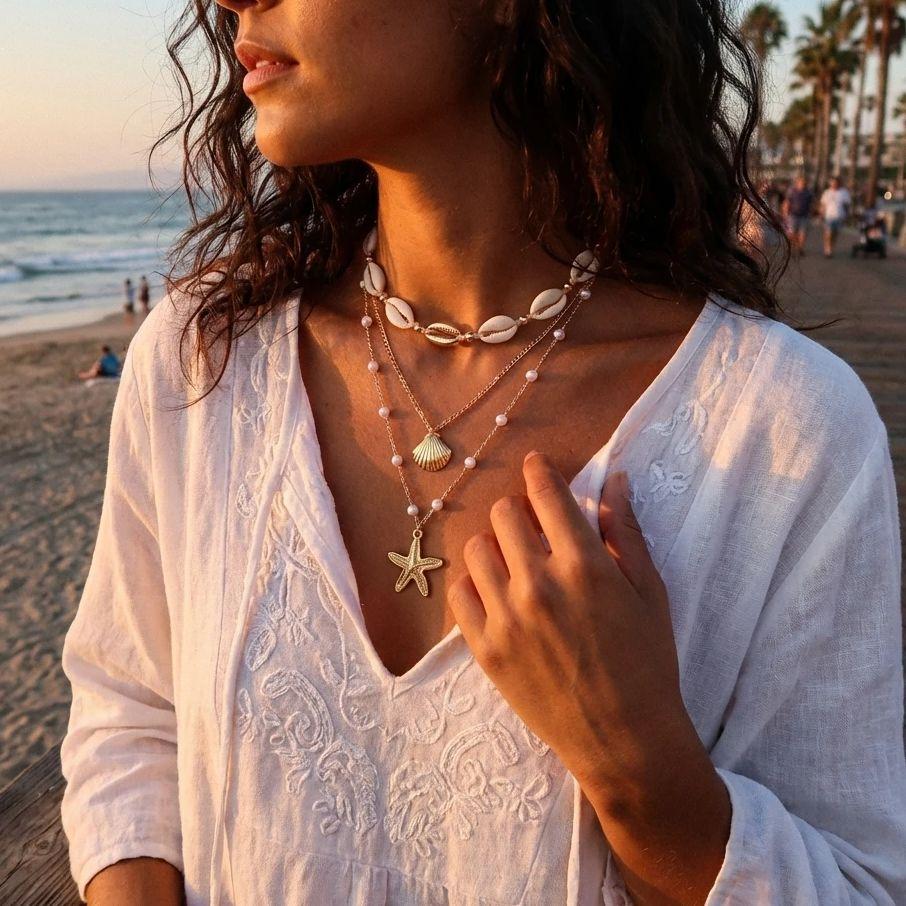 Boho Multilayer Starfish Shell Conch Pendant Necklace For Women Trendy Summer Beach Pearl Chains Choker Travel Party Jewelry
