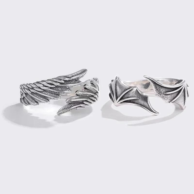 1 Pc/Pair New Vintage Angel Demon Wings Hip Hop Adjustable Couples Rings for Men Women Silver Color Retro Punk Style Jewelry