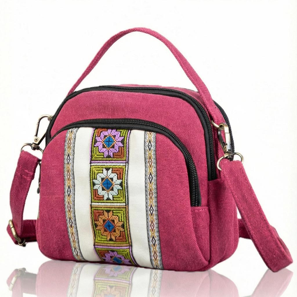 Ethnic Embroidery Canvas Crossbody Bag For Daily Use With Zipper Closure And Multiple Pockets