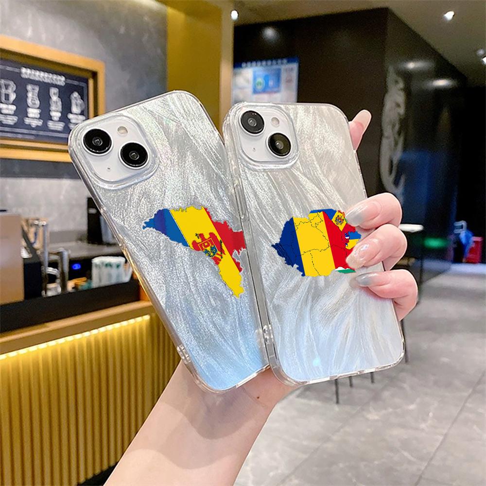 N91 Moldova Flag Art Clear Frame Case for Samsung S25 Ultra A55 iPhone 16 15 Pro Max Xiaomi Redmi Note 13 Feather Chiffon Texture Silver Plated Cover
