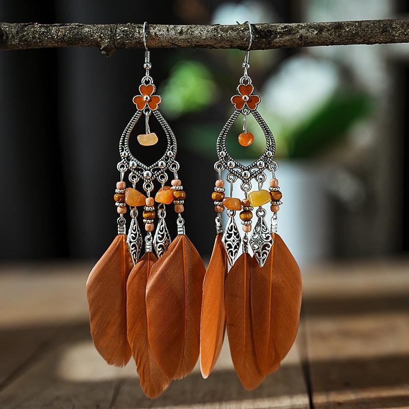 Bohemian Feather Long Drop Dangle Earrings For Women Enamel Heart Flower Irregular Stone Wooden Bead Handmade Earrings Jewelry