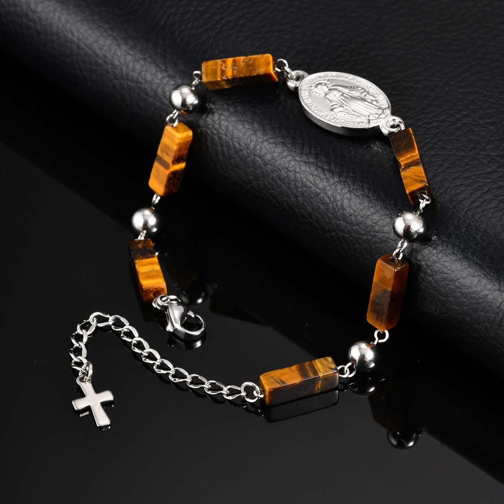 Trendy Stainless Steel Virgin Mary Cross Pendant Tiger Eye Stone Black Agate Natural Stone Bracelet for Men Classic Jewelry