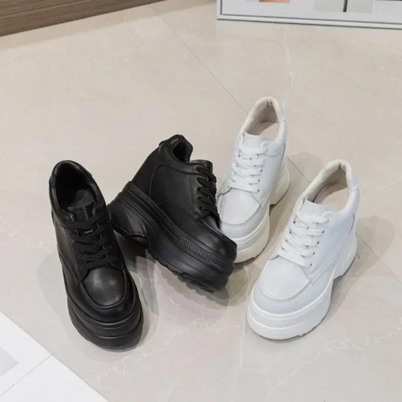 Fashion New Women Sneakers Genuine Leather Casual Platform Trainers Black Shoe 11CM Heels Autumn Wedges Woman Height Increasing Shoes