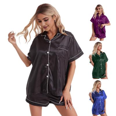 2 Adet/Takım Kadın Pijama Düz Renk İpek Yaka Elastik Bel Kısa Kollu Göğüs Cebi