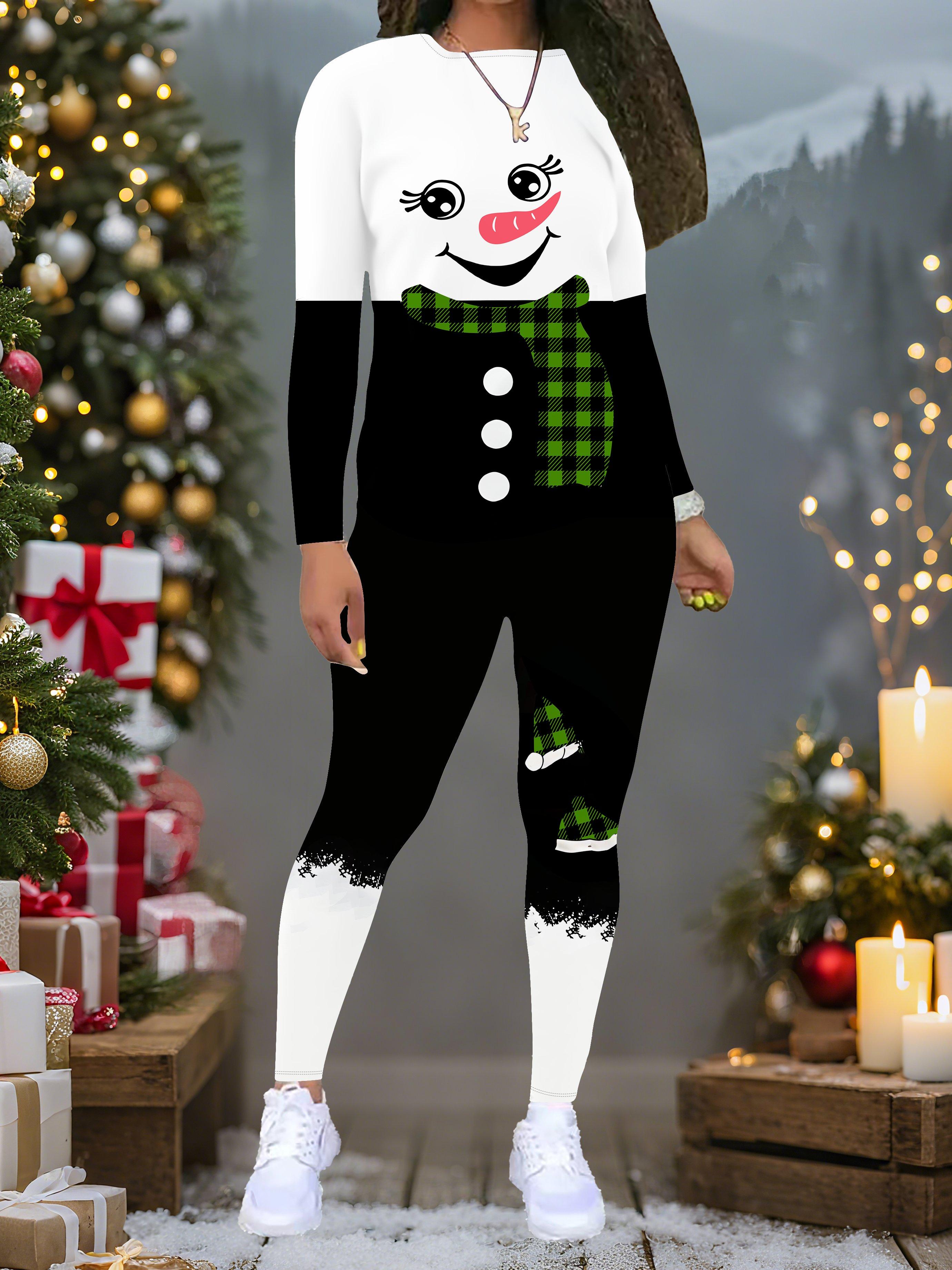 

Женский рождественский костюм-двойка с принтом: Топ с длинным рукавом и круглым вырезом и брюки, праздничный лимитированный повседневный костюм для вечеринки в подарок XXL синий