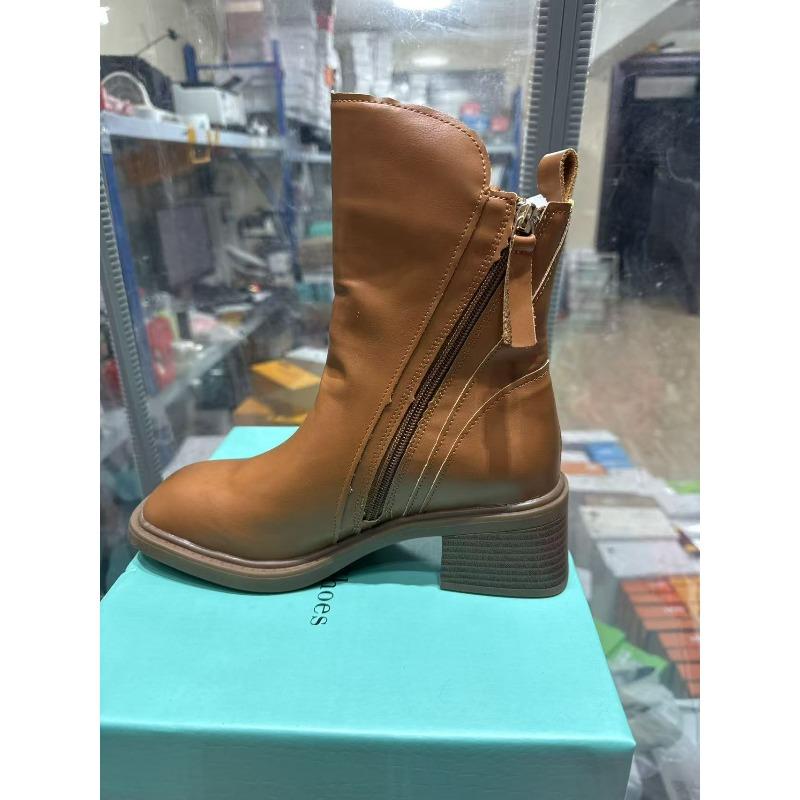 Autumn thick heel brown short boots women's side zipper high heel polished round head Martin boots one piece