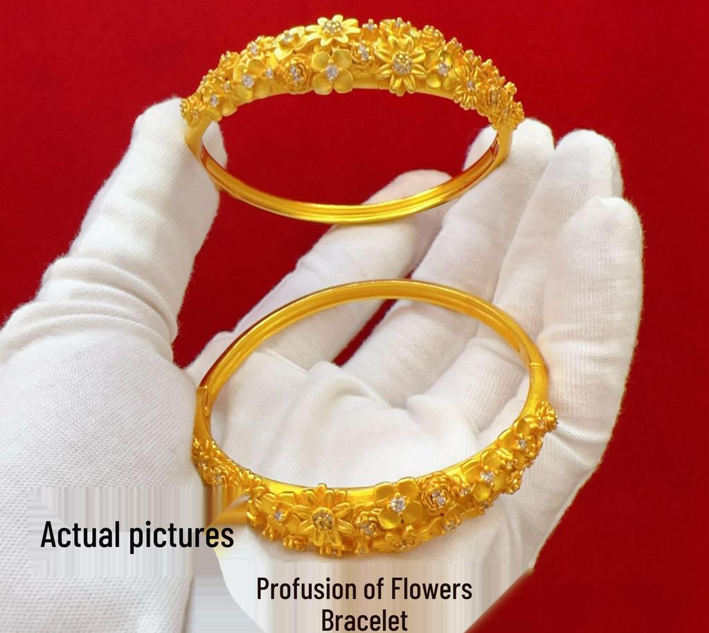 Gold Floral Bracelet & Necklace Set - Luxurious Chinese Classic Style for Women