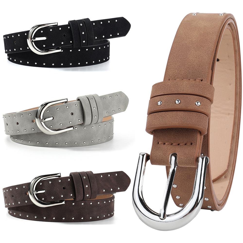 Velvet Studded Leather Belt with Pin Buckle - Retro Hip Hop Style for Women
