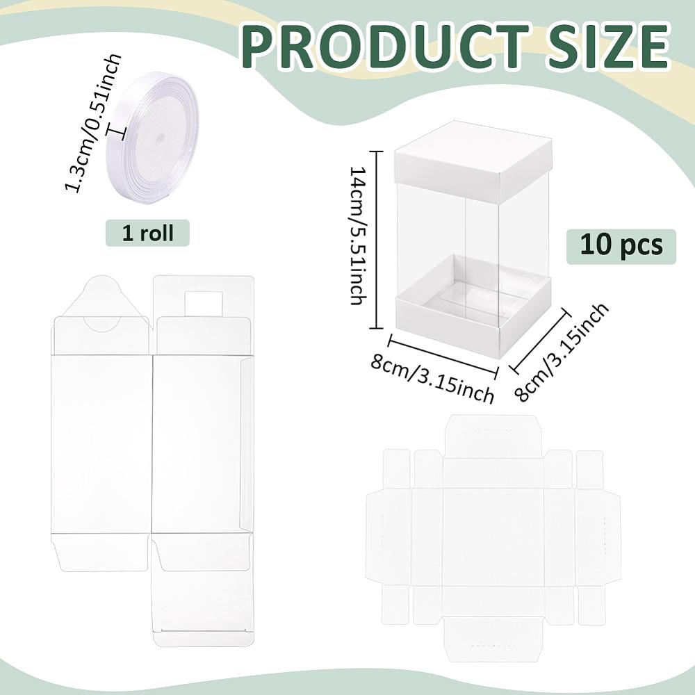 10Pcs Clear PET Gift Storage Boxes with Paper Base Rectangle Gift Packaging Cases with 1 Roll Ribbon White 8x8x14cm