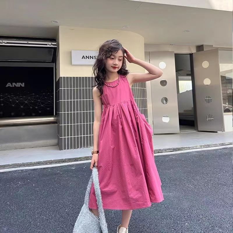 Girls Summer Solid Loose Tank Dress Sweet Princess Midi Length Casual Dress For Big Kids