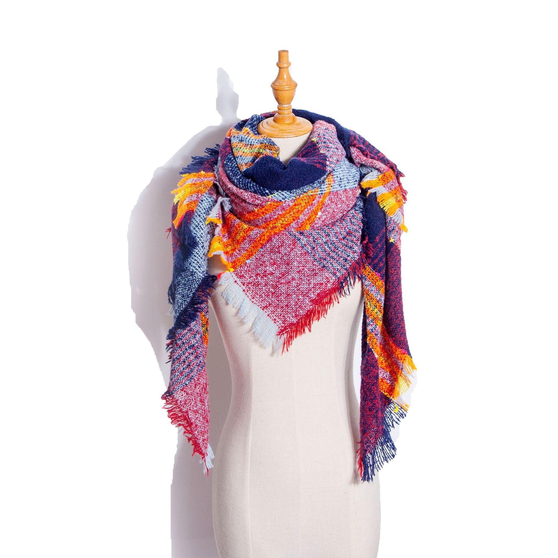 

Осенне-зимний шарф с кисточками, женский клетчатый теплый треугольный платок SJ1-08# Wine Red